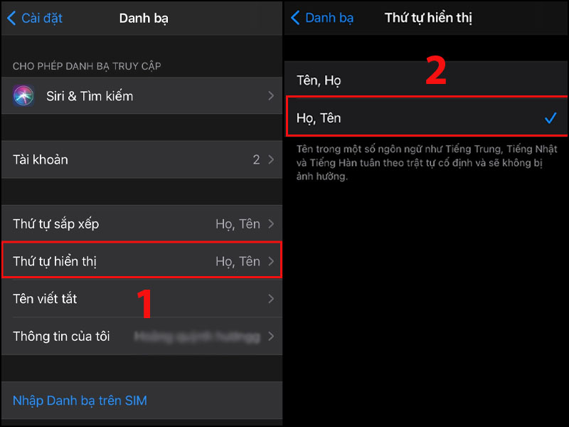 Chọn thứ tự hiển thị là Họ, Tên